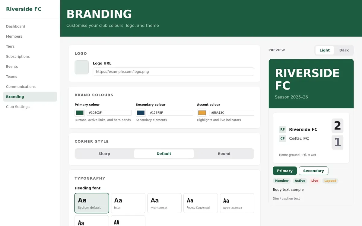 The branding page in the club admin: colour pickers, corner style, heading and body fonts, and a live preview.