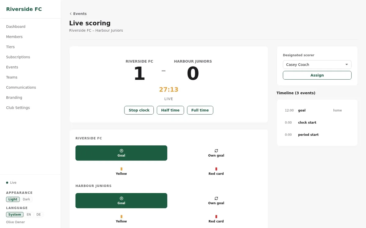 The live scoring console in the club admin, with buttons for goals and cards, the clock controls and the designated scorer.