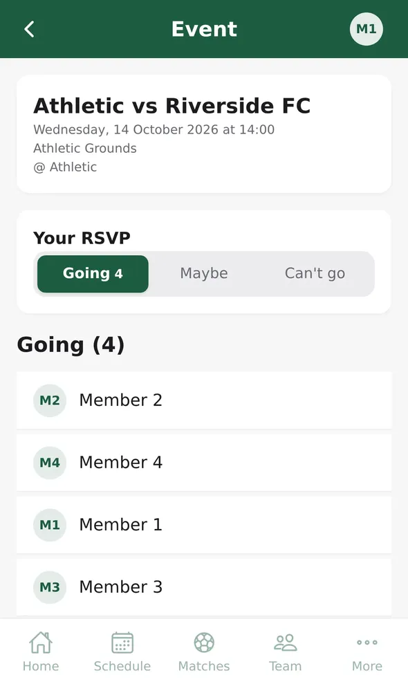 A fixture in the member app with RSVP buttons and the list of members who are going.