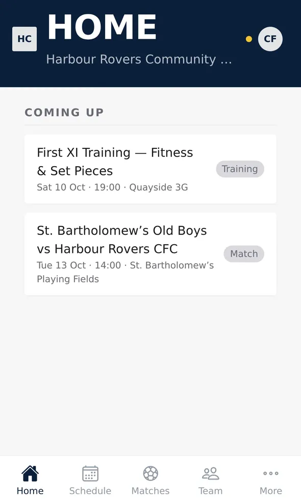 The same screen for Harbour Rovers, in navy.