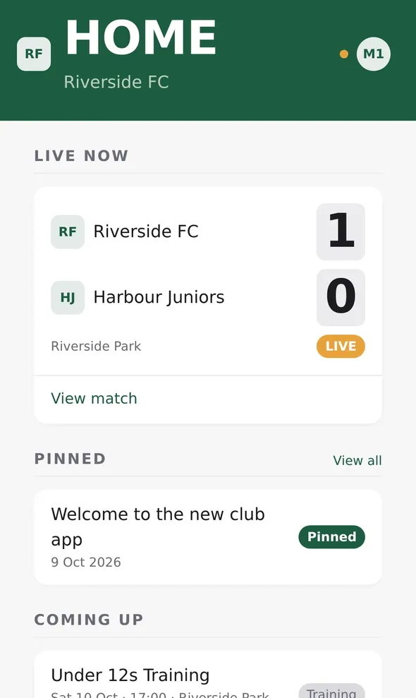 The Clubkit member app home screen: a live score, a pinned announcement and upcoming training sessions.