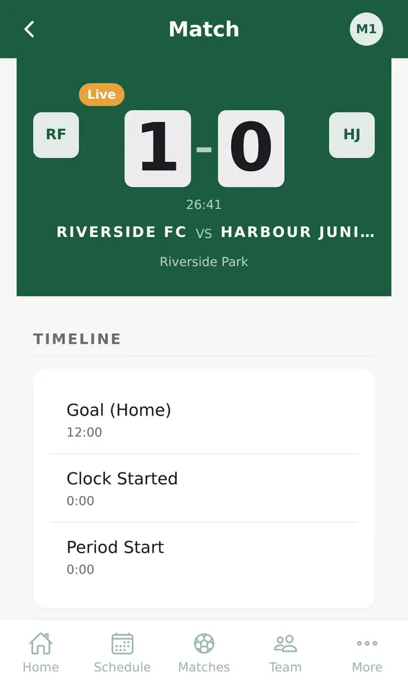 A live match in the member app: score 1–0, running clock and the match timeline.