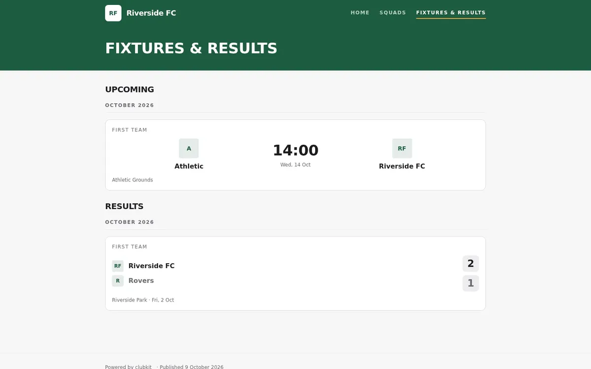 The fixtures and results page of a club website, with the next fixture and a 2–1 result.